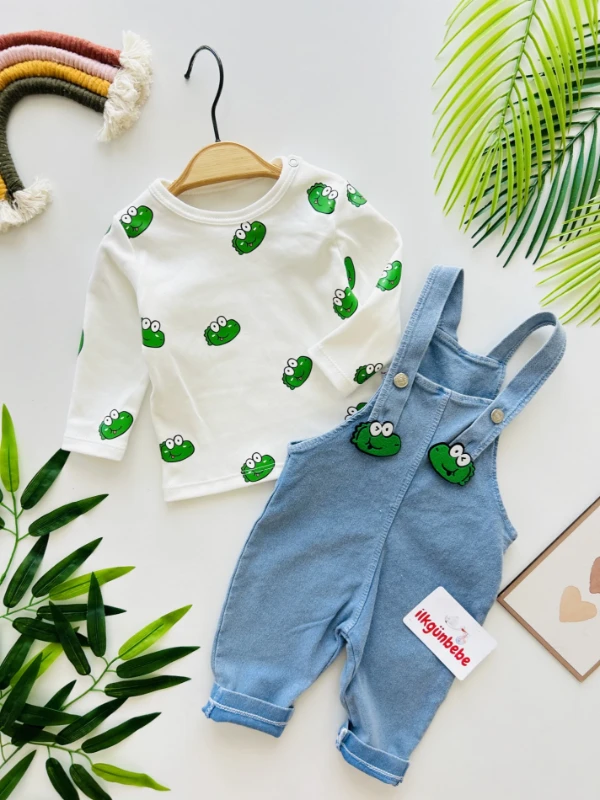 Sevimli Timsah Temalı Likralı Kot Salopetli 2’li Set