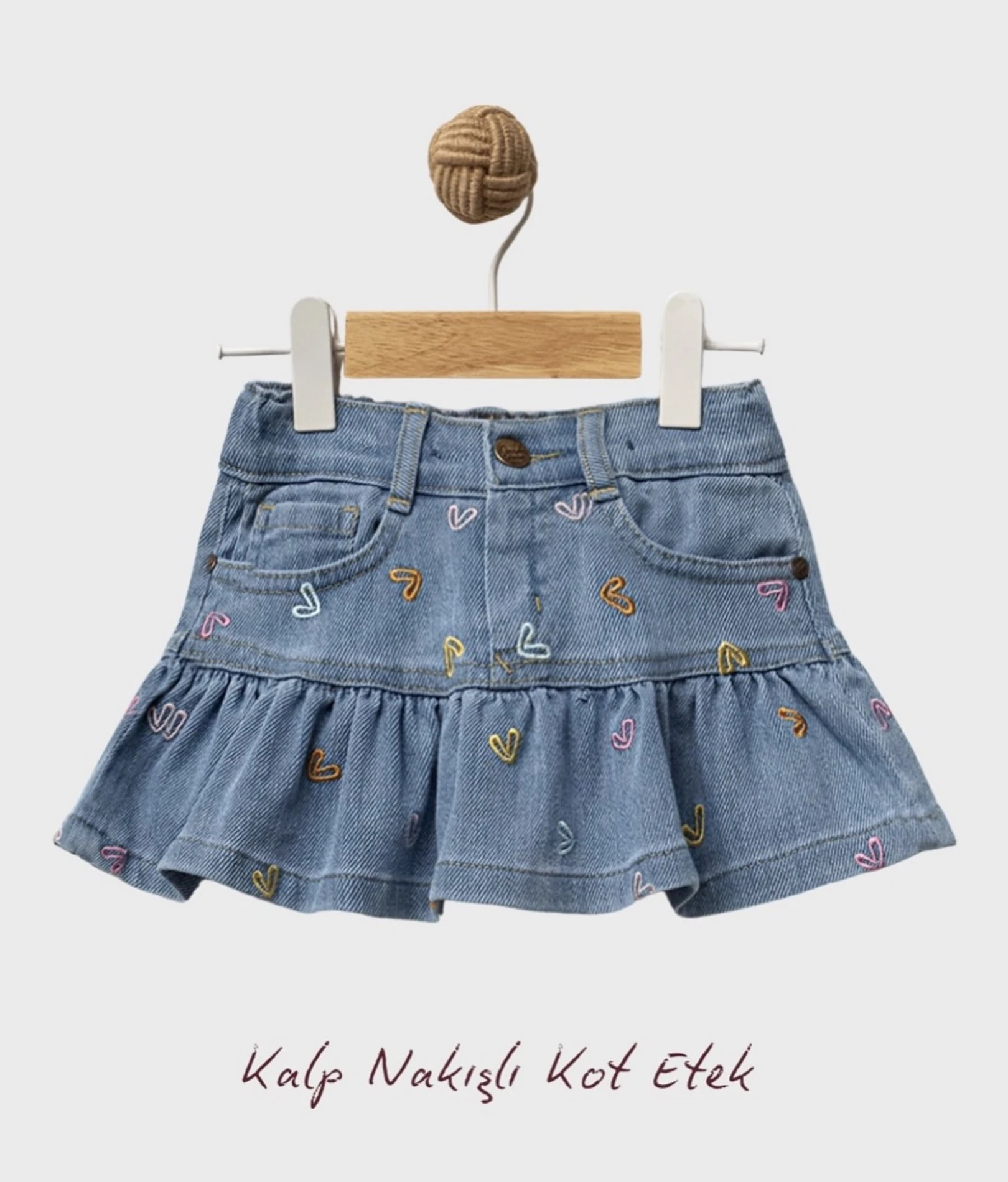Kalp Nakışlı Kot  Fırfır Detaylı Etek Denim  