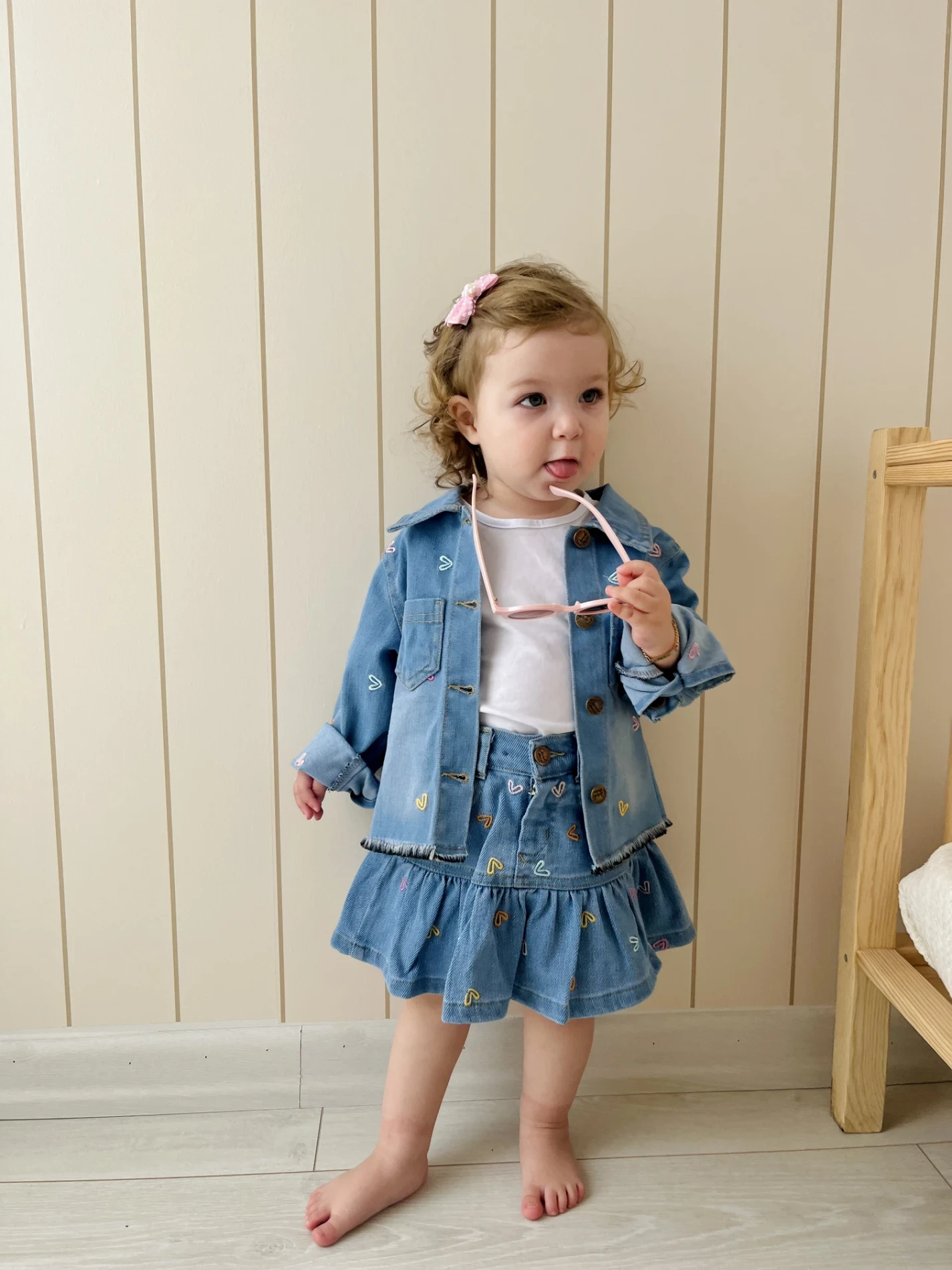 Kalp Nakışlı Kot  Fırfır Detaylı Etek Denim  