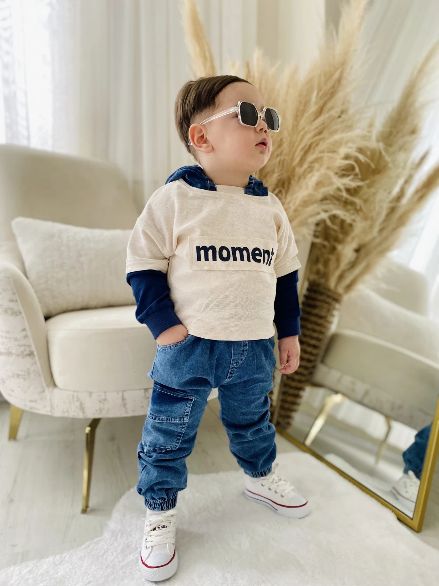 Moment Baskılı Kapüşonlu Sweatli Likralı Yumuşacık Kot Kumaş Pantonlu 2’li Premium Kalite Takım