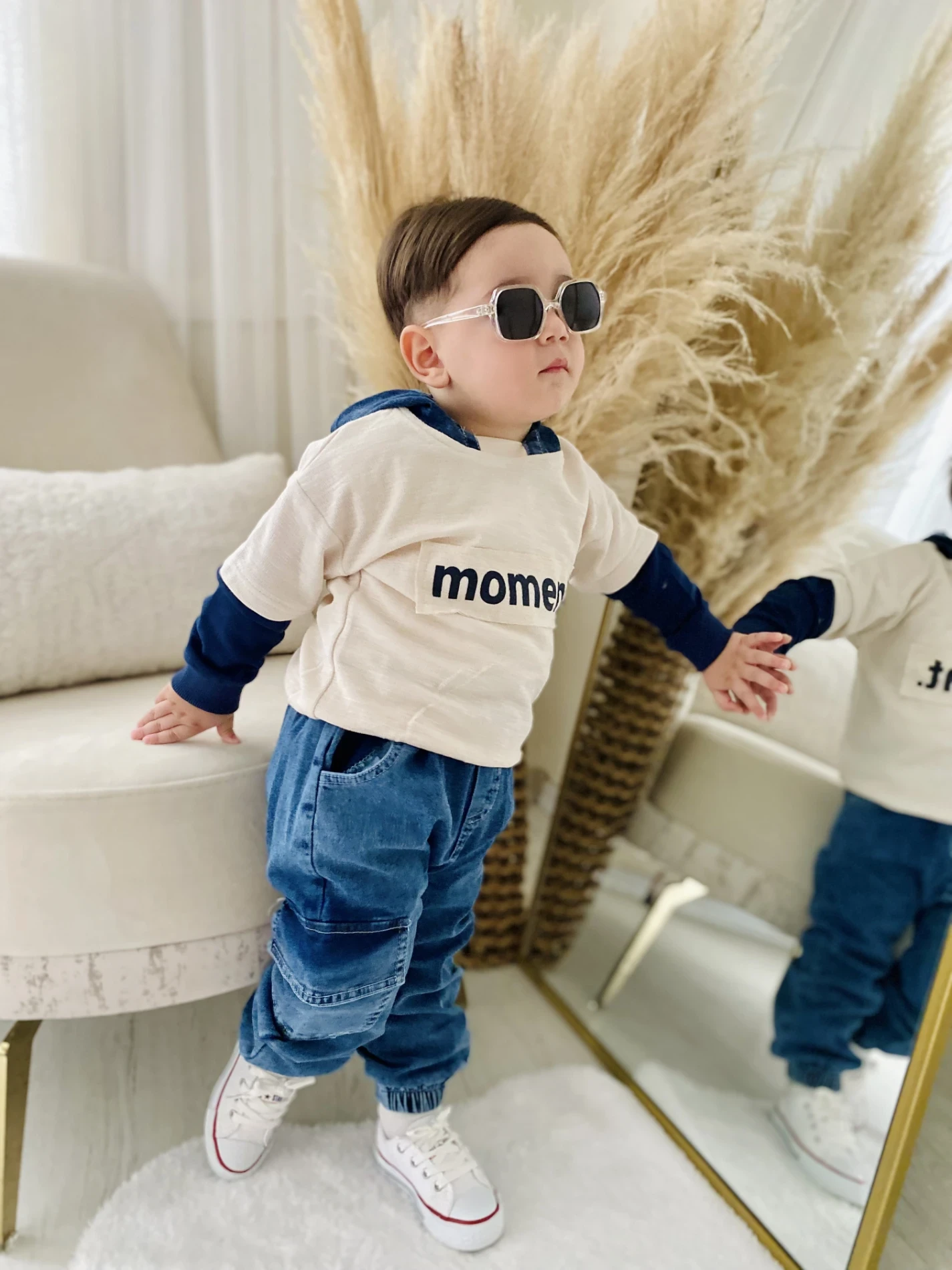 Moment Baskılı Kapüşonlu Sweatli Likralı Yumuşacık Kot Kumaş Pantonlu 2’li Premium Kalite Takım