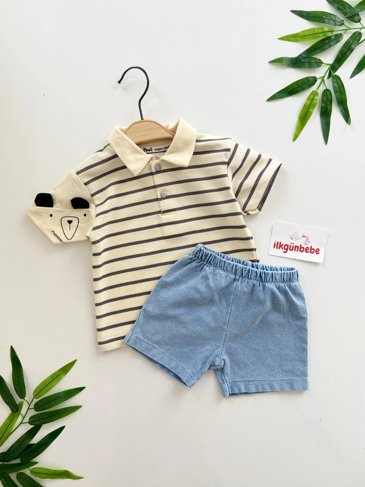 Çizgili Lacos Yaka & Denim Şort