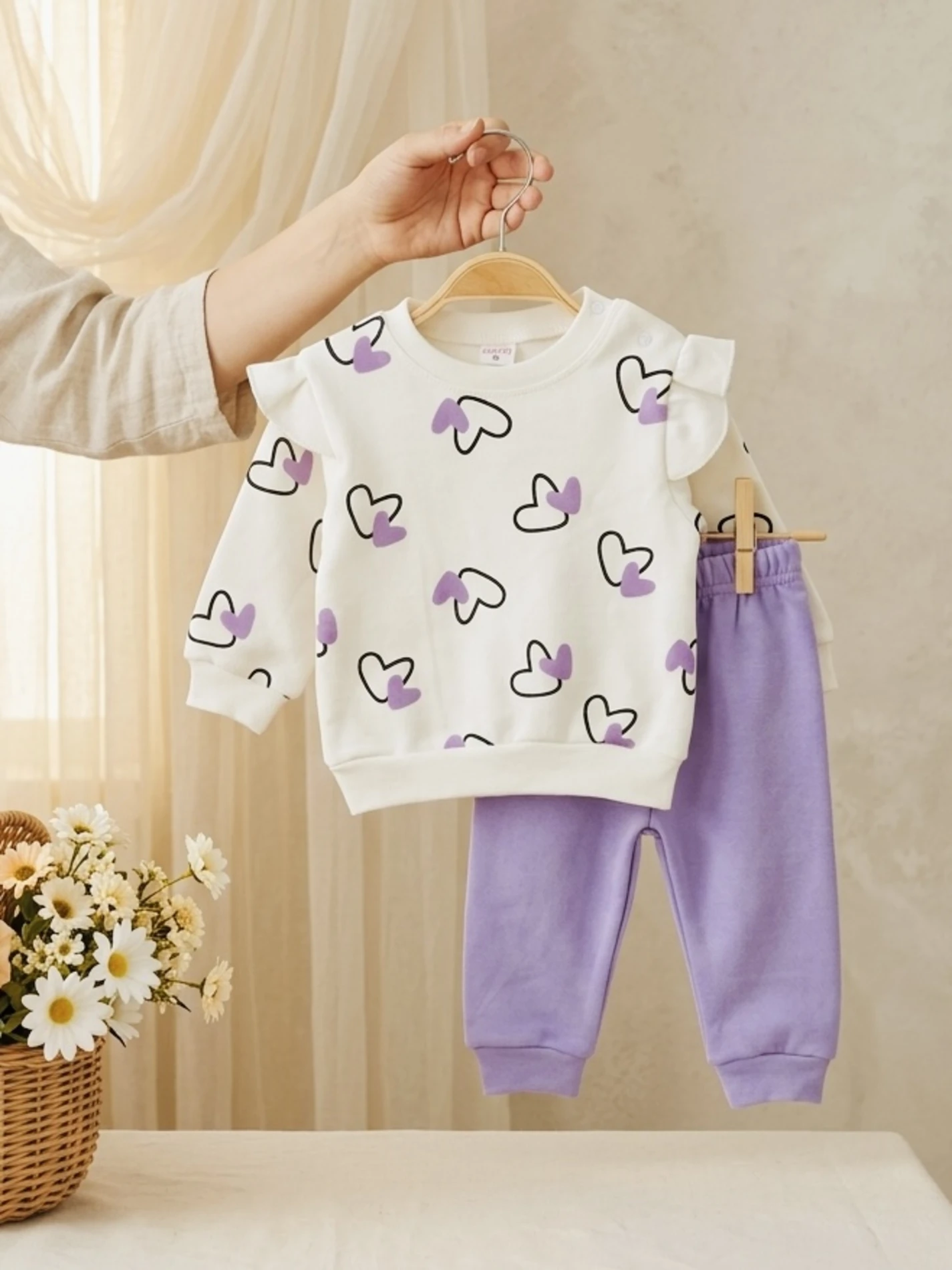 kalp desenli omuz detaylı %100 pamuk mevsimlik takım