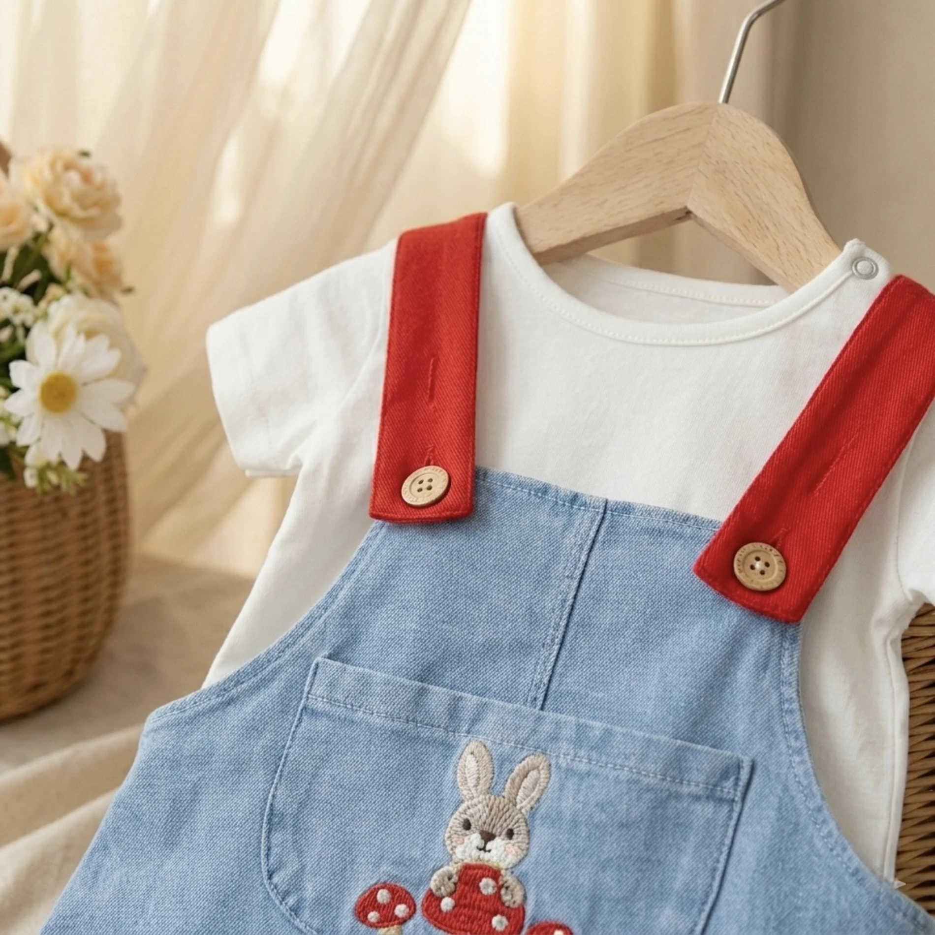 Rabbit Nakışlı Likralı Yumuşacık Kumaş Kot Jile Elbiseli Fırfır Kollu Tişörtlü 2’li Elbise Set