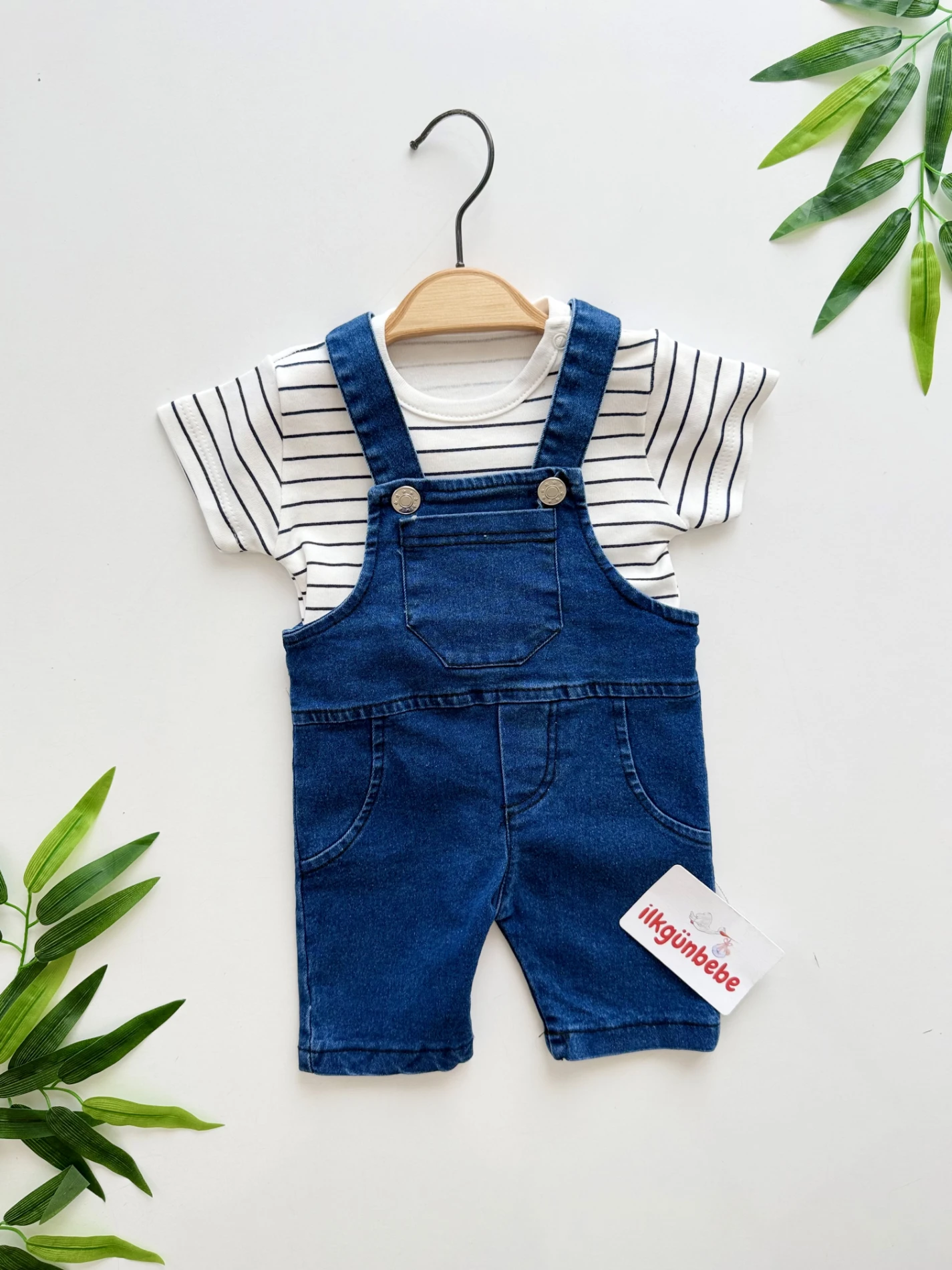 Çizgili Bodyli Kot Salopetli Set