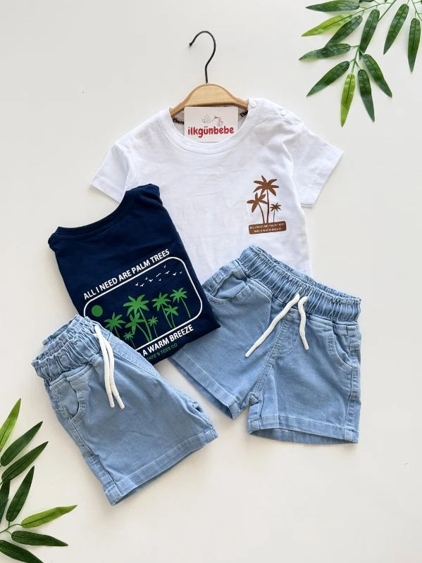 Palmiye Desenli Kot Şortlu Takım