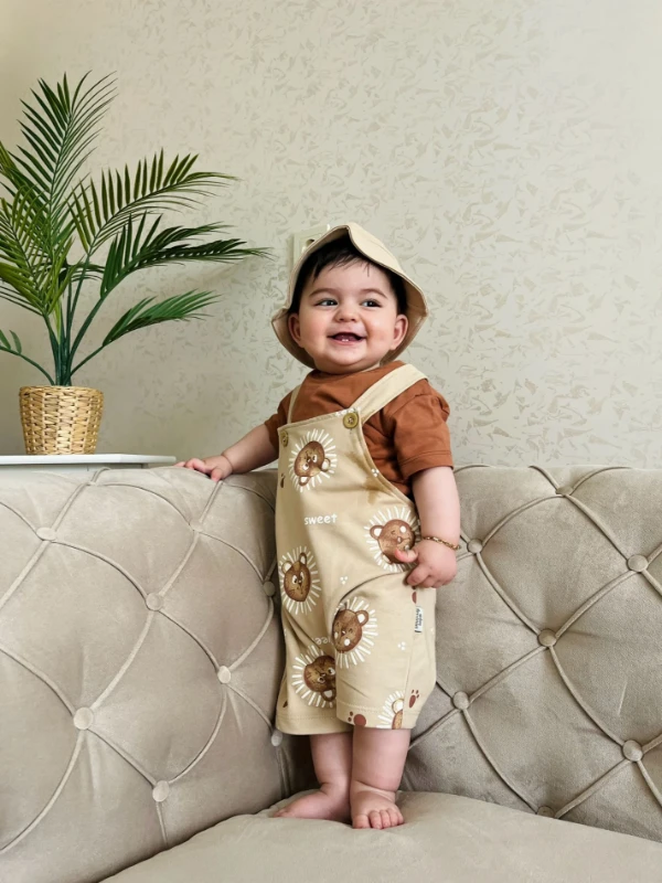 Sweet Animals Bucket Şapkalı %100 Pamuk  Kumaşlı Tişörtlü Salopetli 3’lü Takım