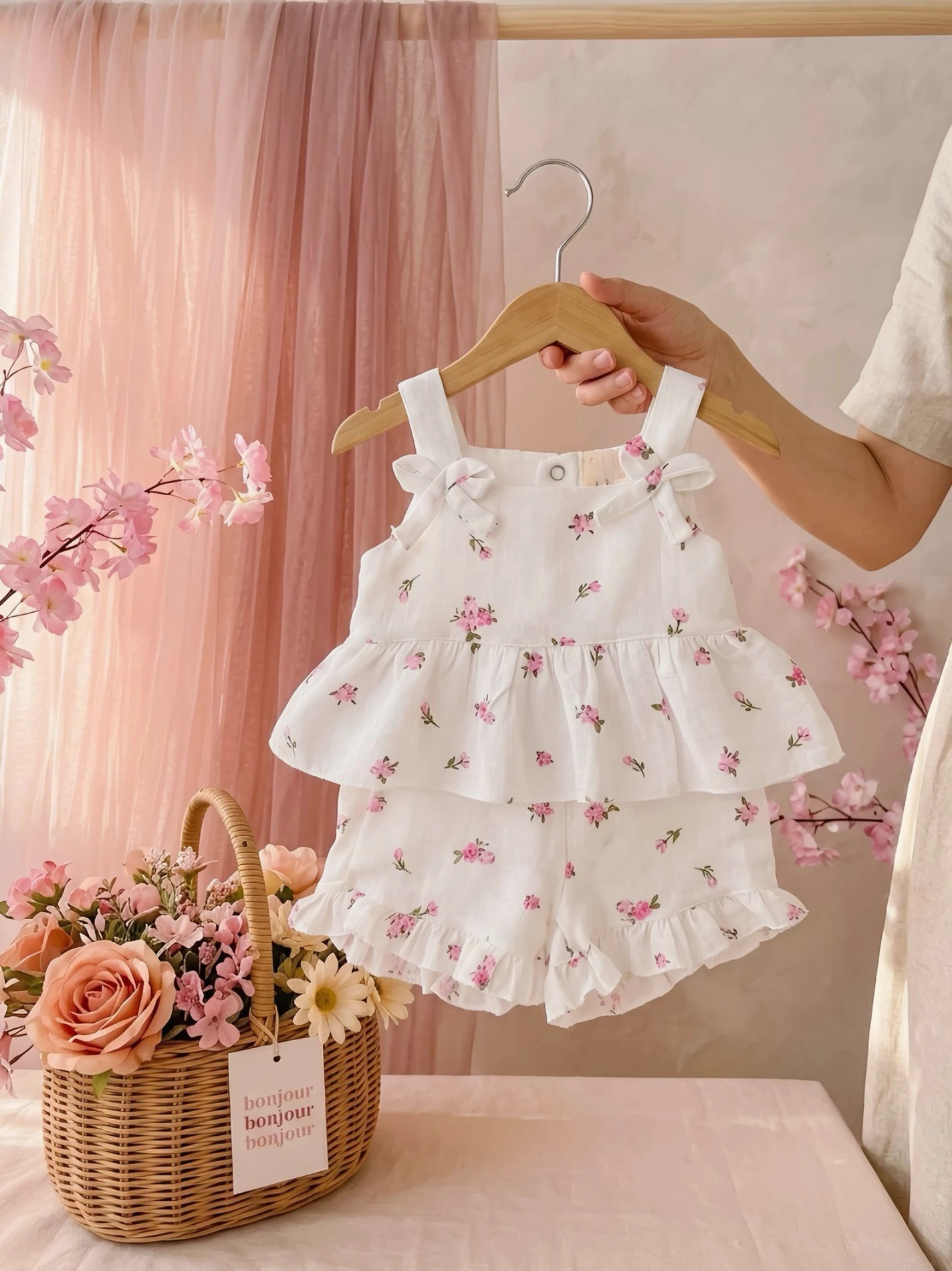 Bella Müslin Askılı Fiyonklu Çiçekli Fırfırlı Takım