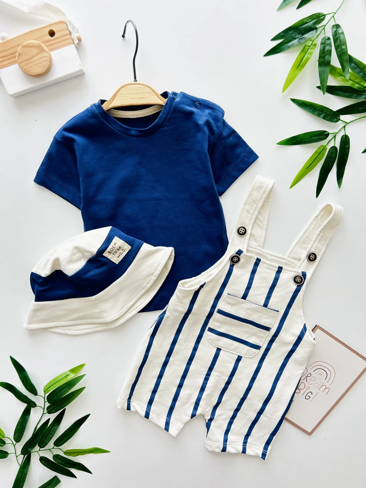 Çizgili Safari Şapkalı Omuzdan Çıtçıtlı Badili Yazlık Slopet Takım