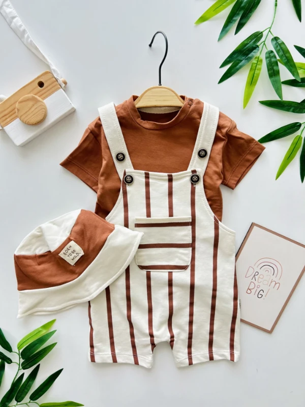 Çizgili Safari Şapkalı Omuzdan Çıtçıtlı Badili Yazlık Slopet Takım