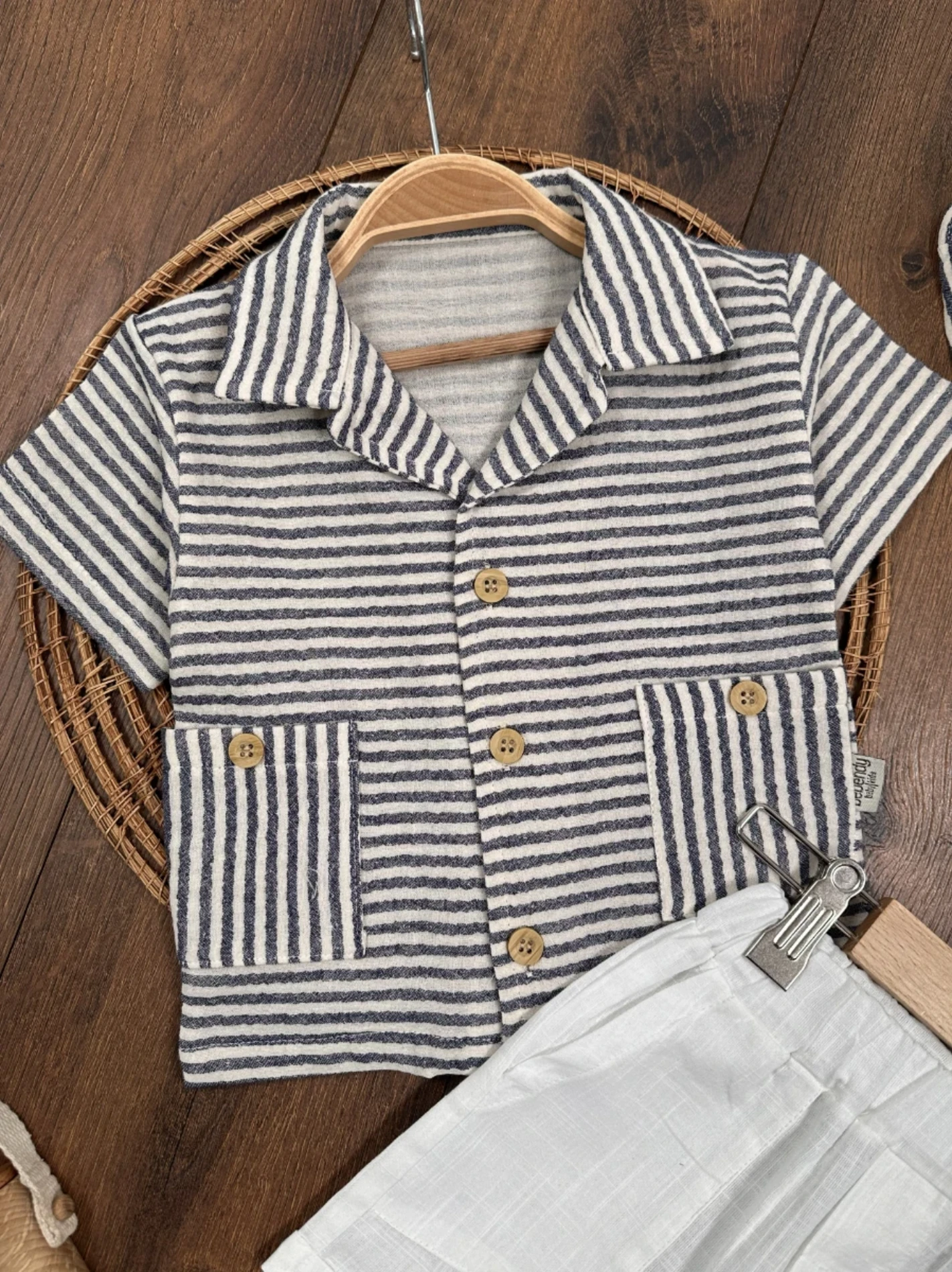 Müslin Çizgili Bucket  Şapkalı Düğmeli  Şortlu Yazlık Takım