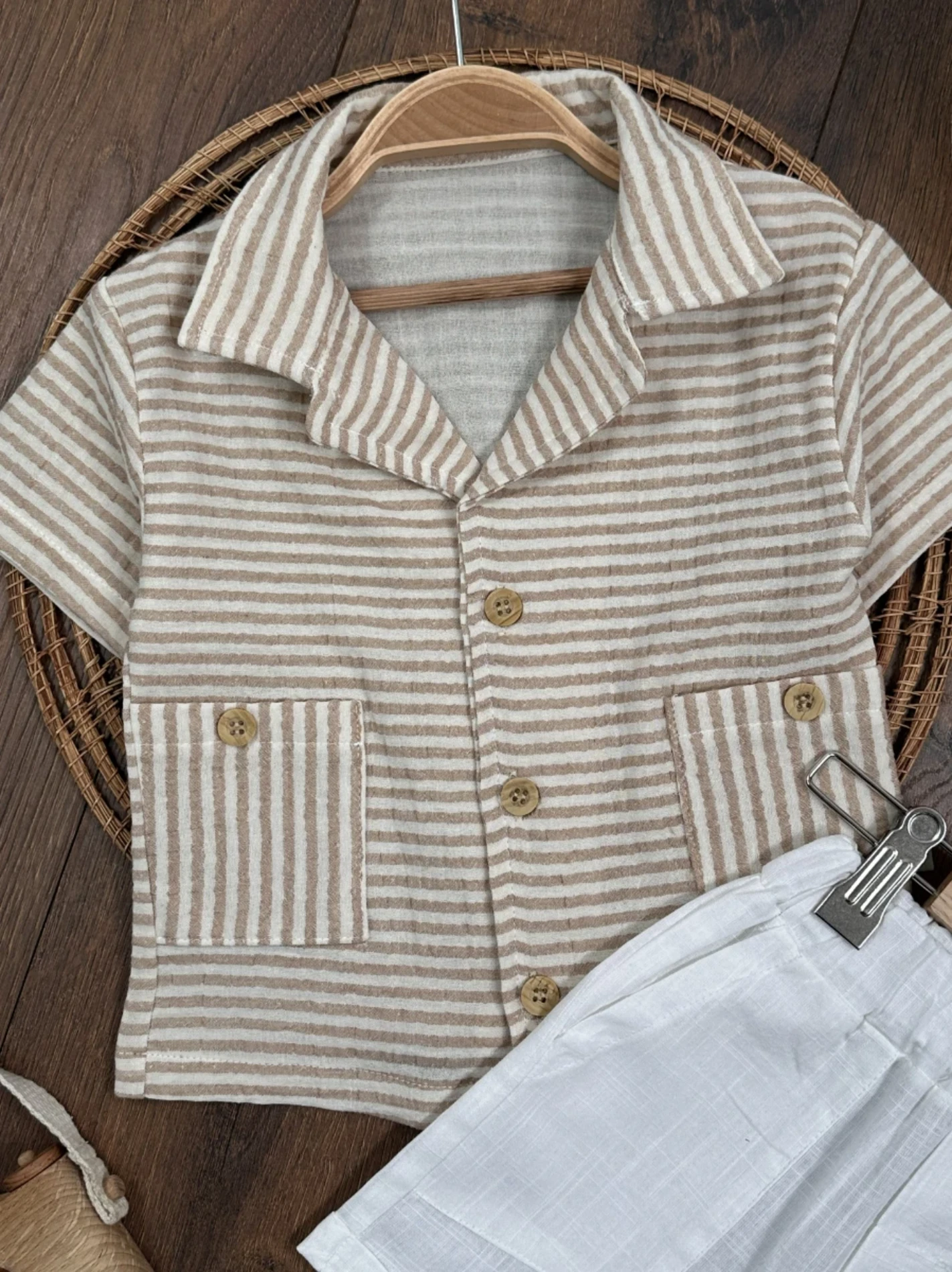 Müslin Çizgili Bucket  Şapkalı Düğmeli  Şortlu Yazlık Takım