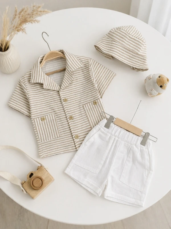 Müslin Çizgili Bucket  Şapkalı Düğmeli  Şortlu Yazlık Takım