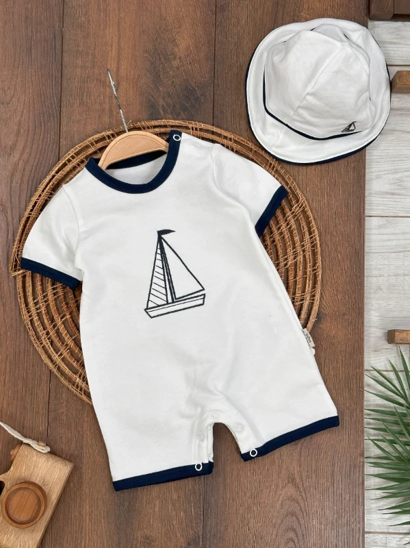 Yelken Gemici Nakışlı Şapkalı Alttan Çıtçıtlı Yazlık 2li Tulum Set