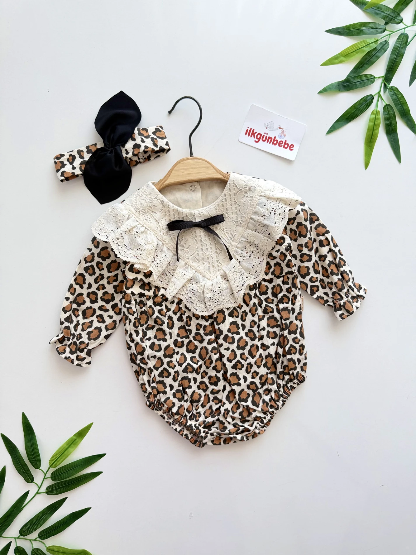Leogirl Dantel Yaka Leopar Desenli Romper Set