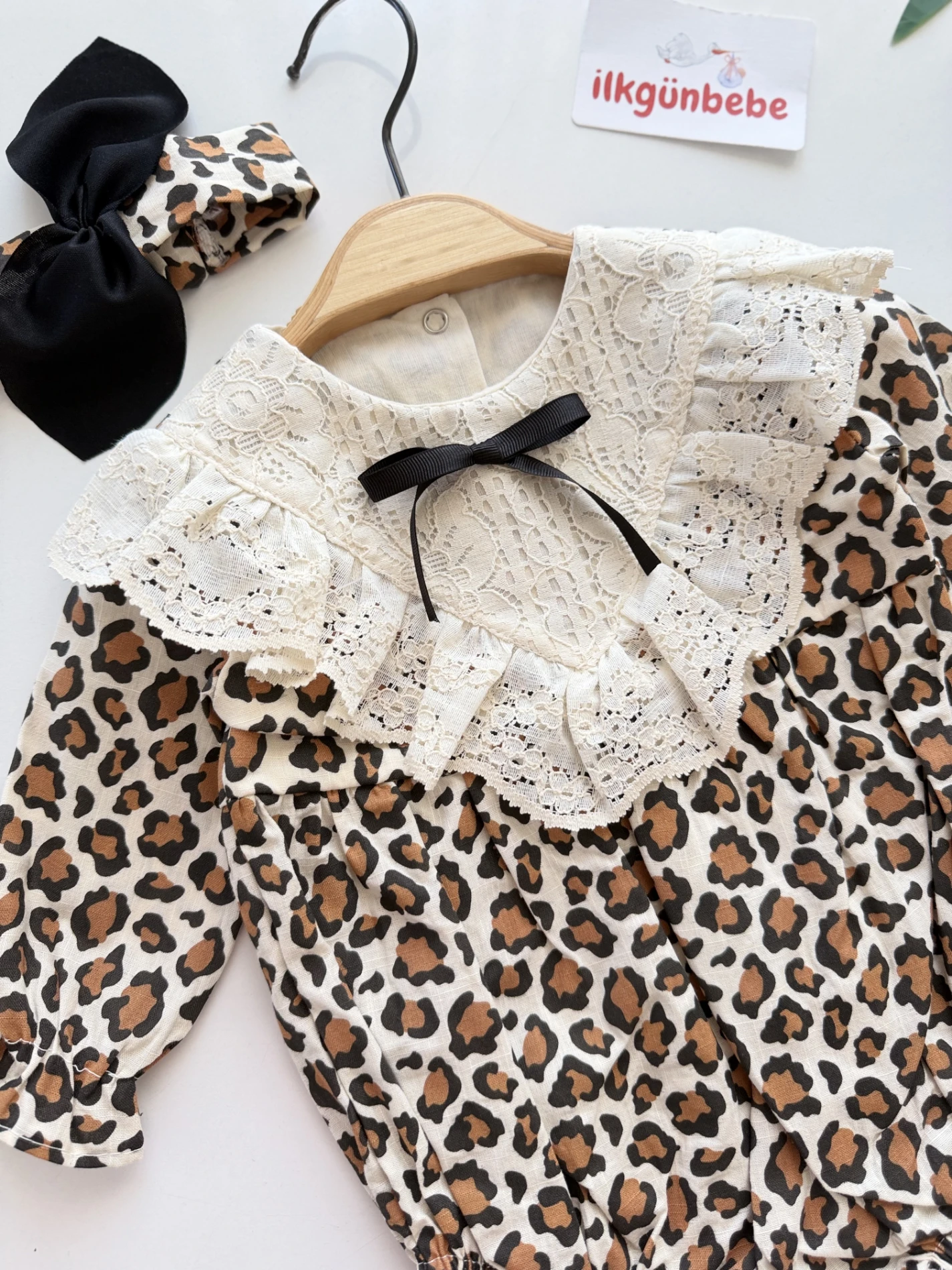 Leogirl Dantel Yaka Leopar Desenli Romper Set