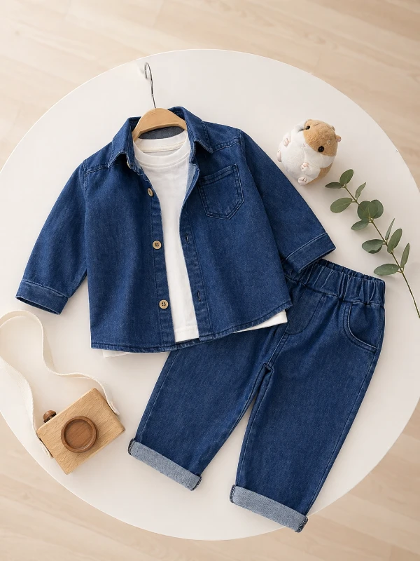 Likralı Esnek Kot Kumaş Gömlekli Tişörtlü Kot Pantalonlu Cool Takım