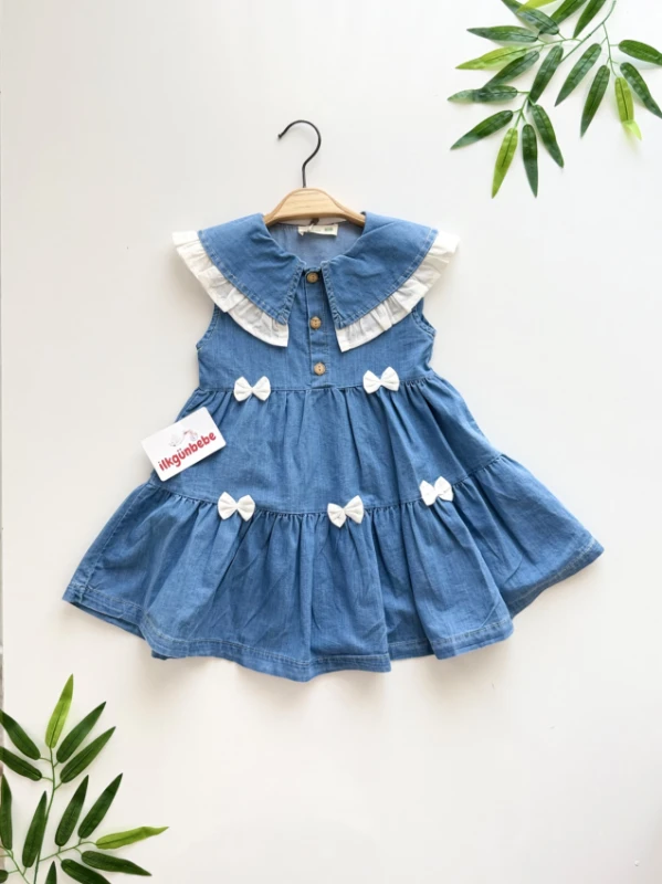 Bebe Yaka Fırfırlı ve Fiyonk Detaylı Denim Elbise