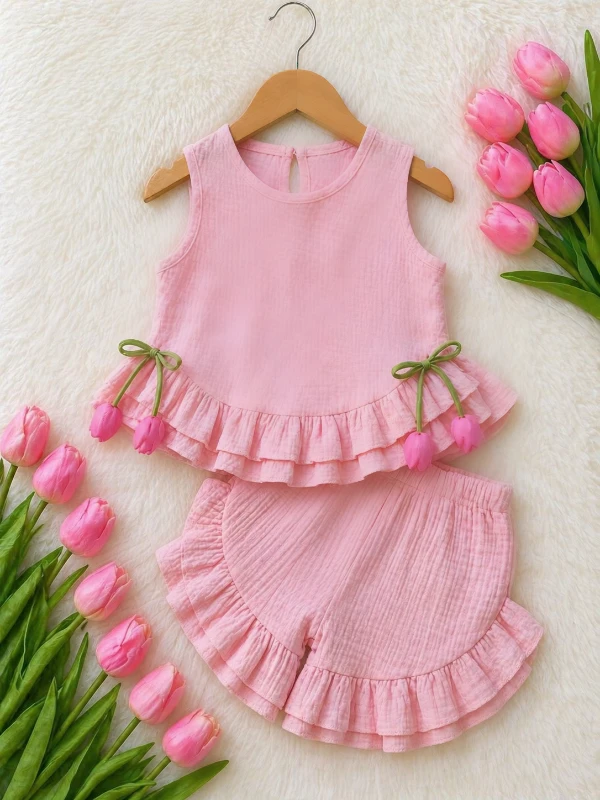 Lale Floral Müslin Kumal Fırfırlı Takım