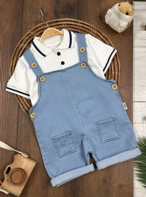 Polo Yaka Tişört ve Denim Kot Salopet Takımı