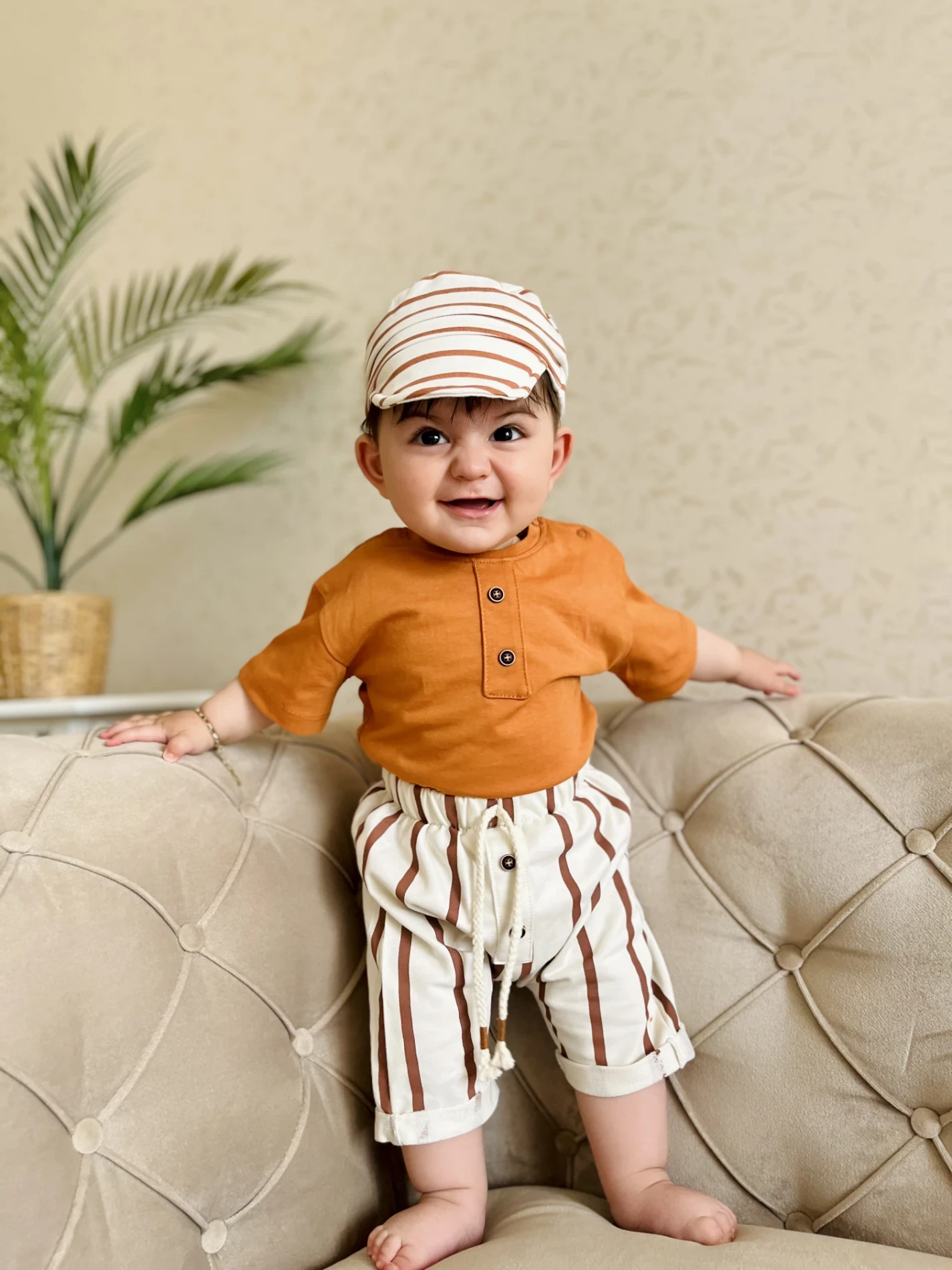 Kasketli Çizgili Şortlu %100 Pamuk 3’lü Takım