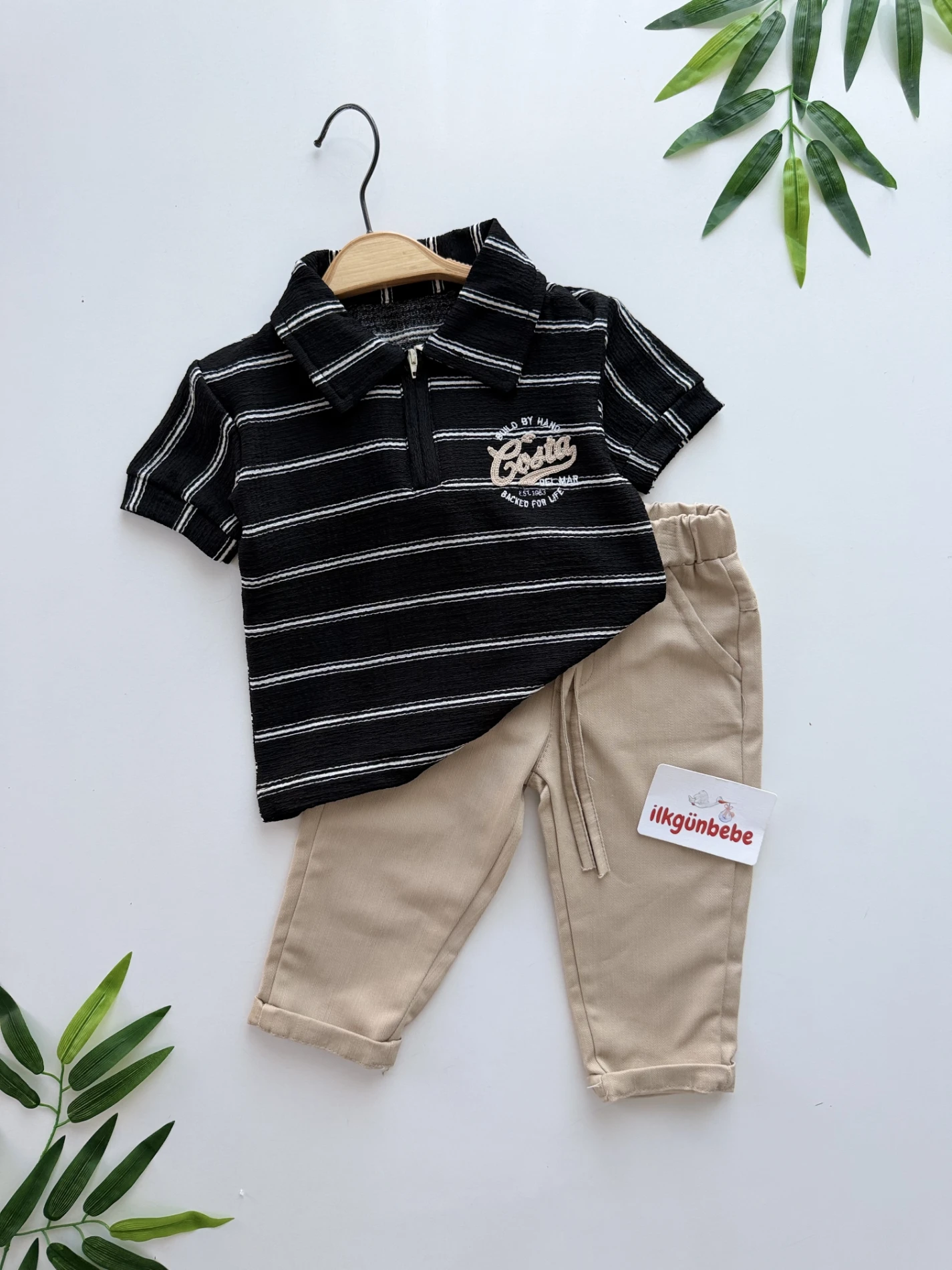 Classic Boy Polo Yaka Çizgili Keten Takım