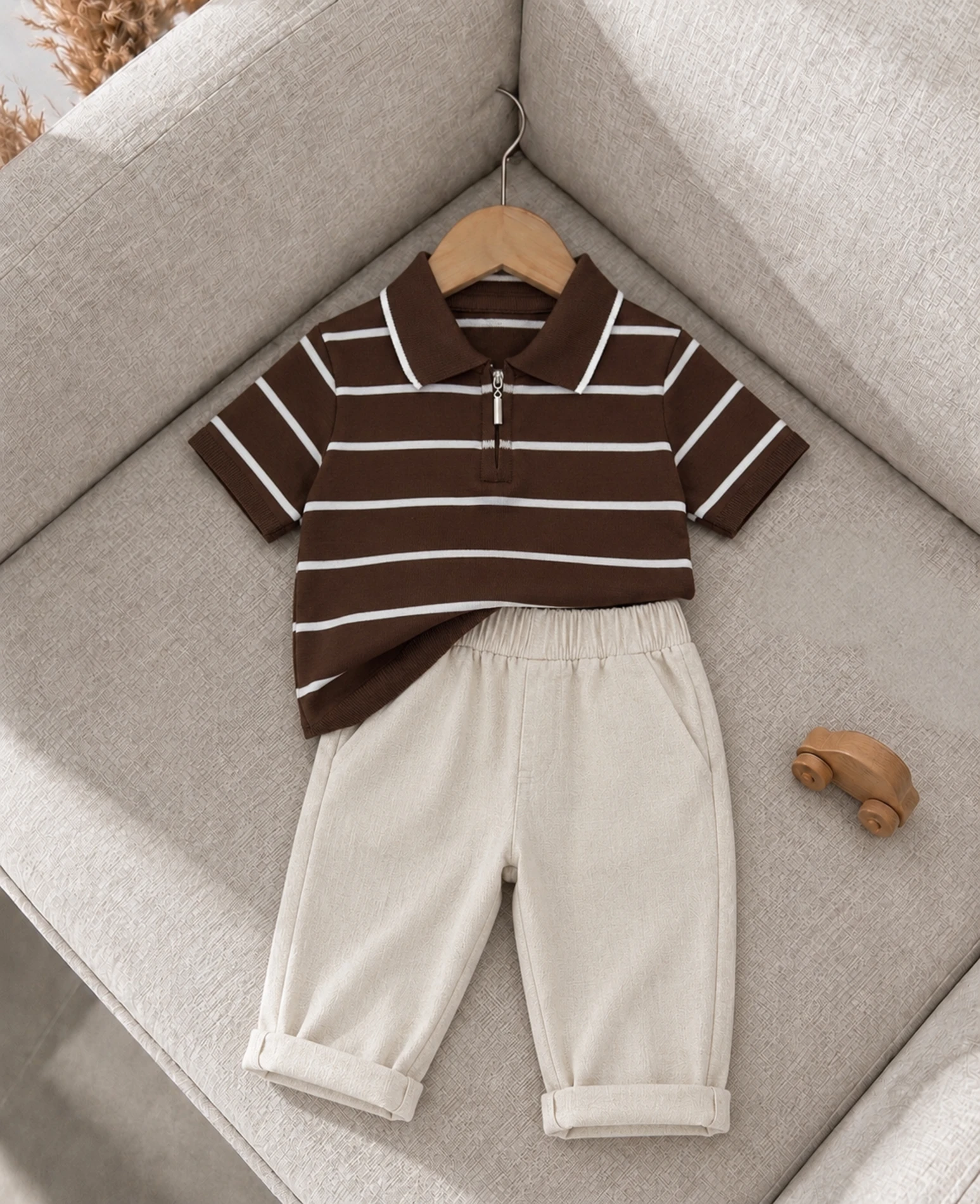 Classic Boy Polo Yaka Keten Takım Kahve