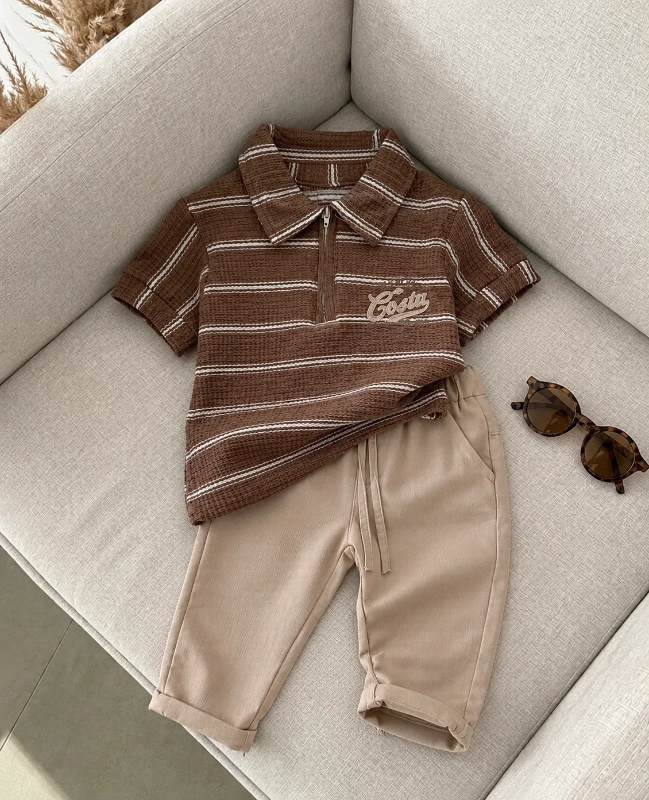 Classic Boy Polo Yaka Çizgili Keten Takım Haki
