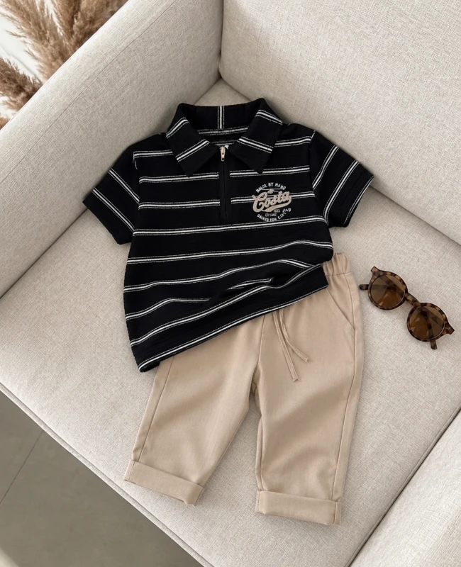 Classic Boy Polo Yaka Çizgili Keten Takım Haki