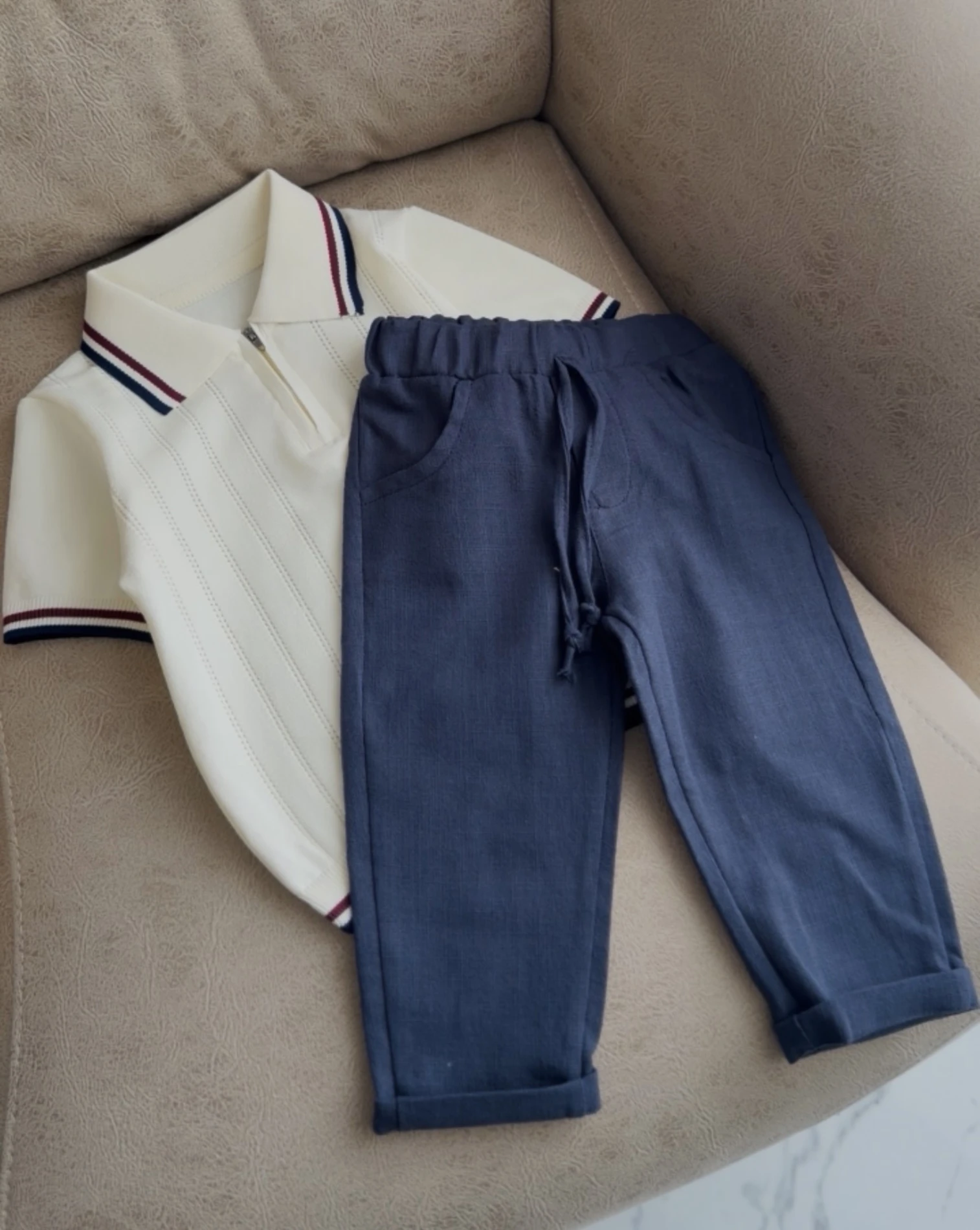 Classic Boy Polo Yaka Keten Takım Ekru