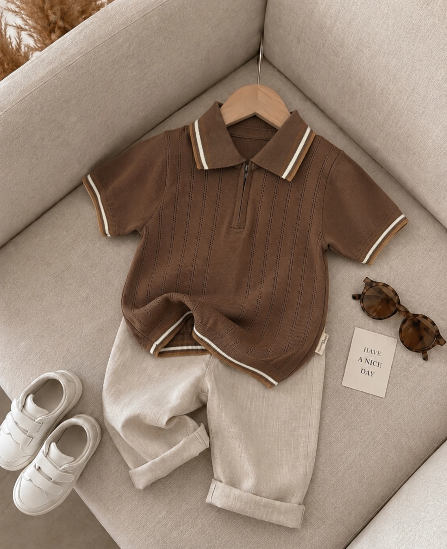 Classic Boy Polo Yaka Keten Takım Kahve
