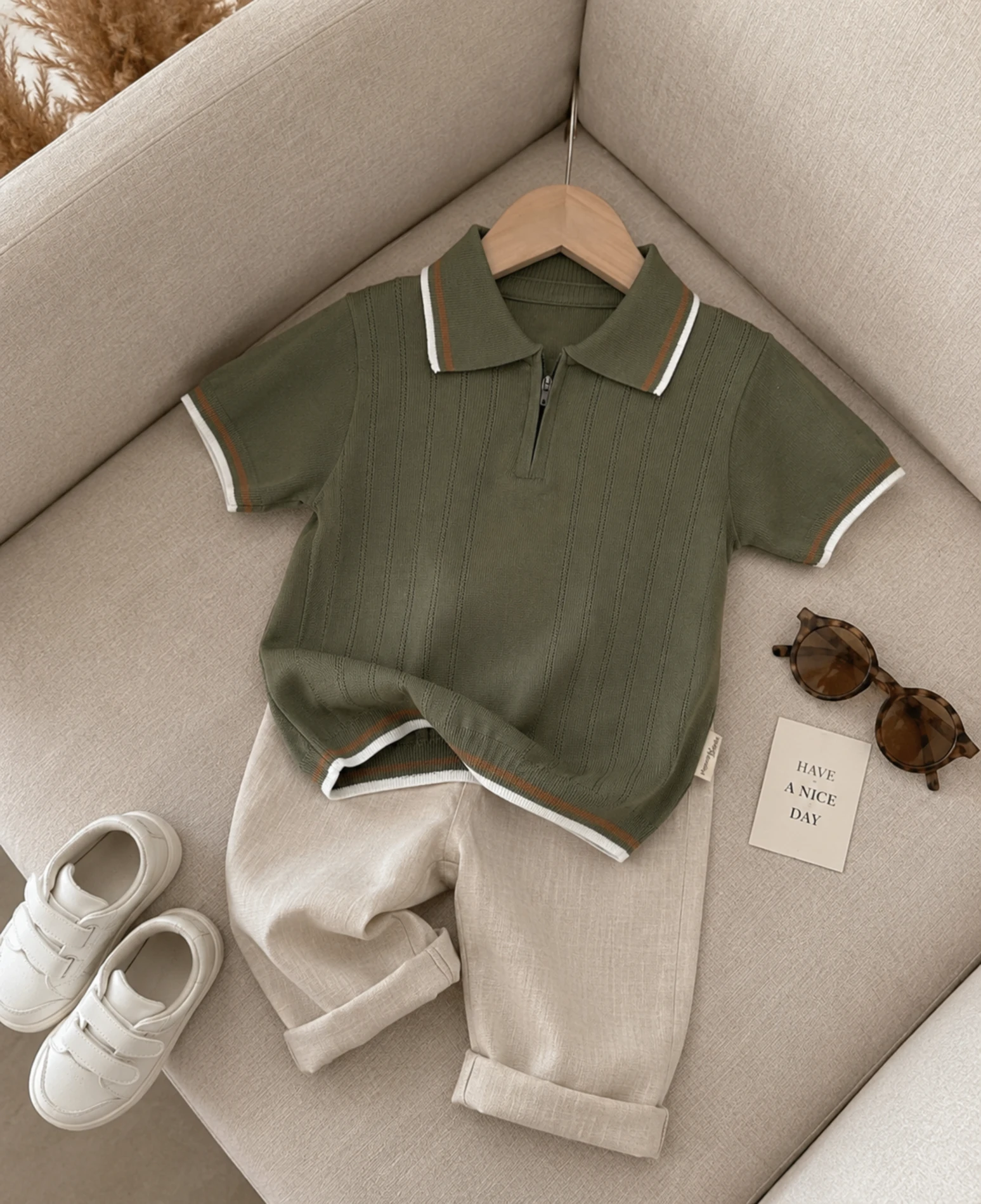 Classic Boy Polo Yaka Keten Takım Haki