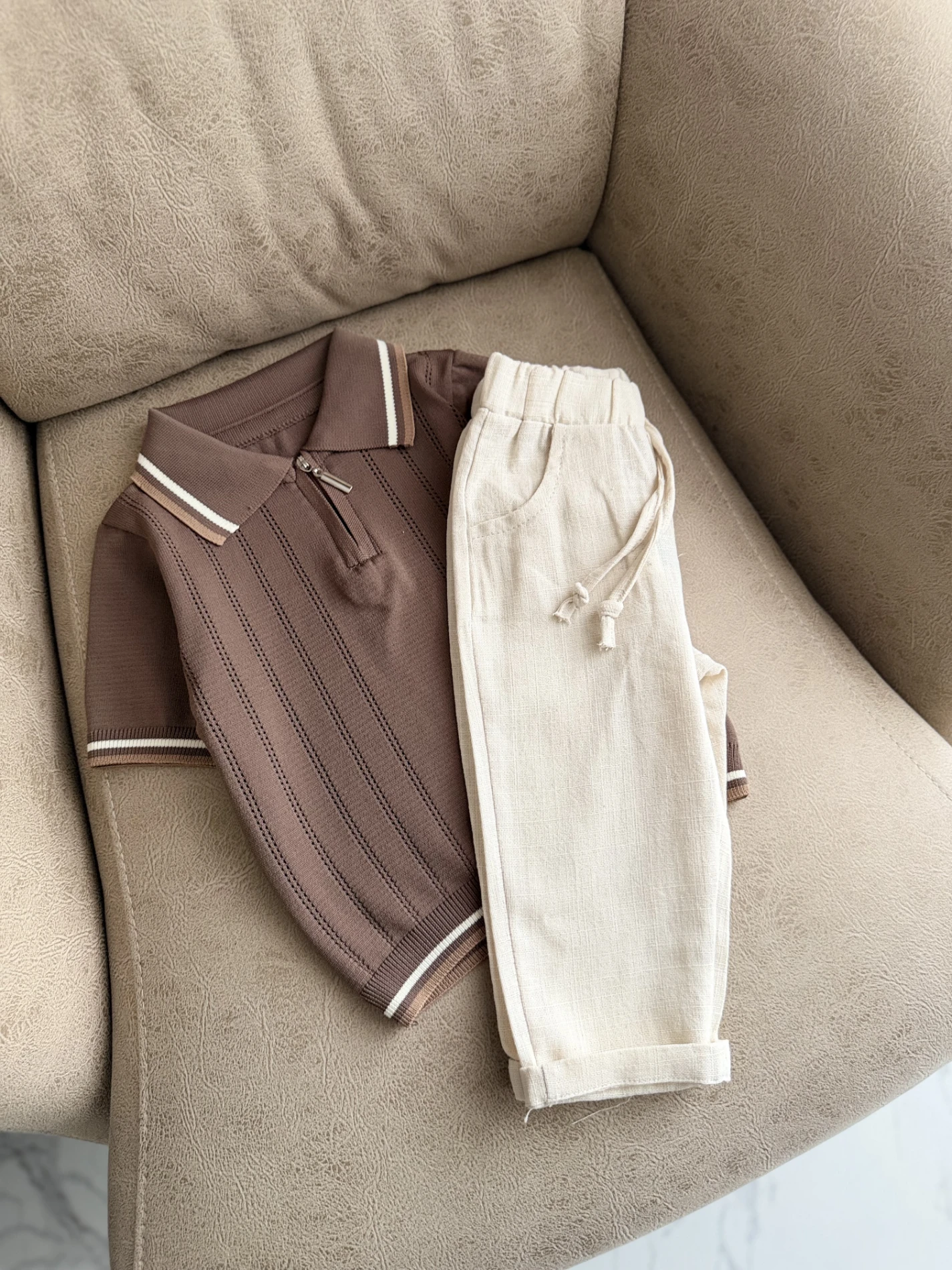 Classic Boy Polo Yaka Keten Takım Kahve