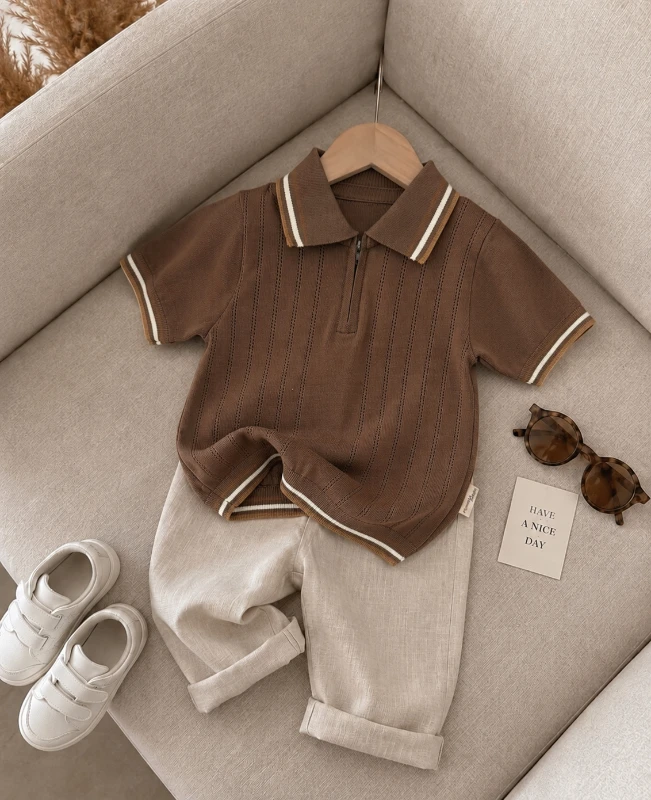 Classic Boy Polo Yaka Keten Takım Kahve