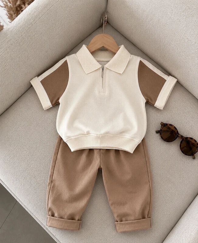 Classic Boy Polo Yaka Keten Takım Kahve