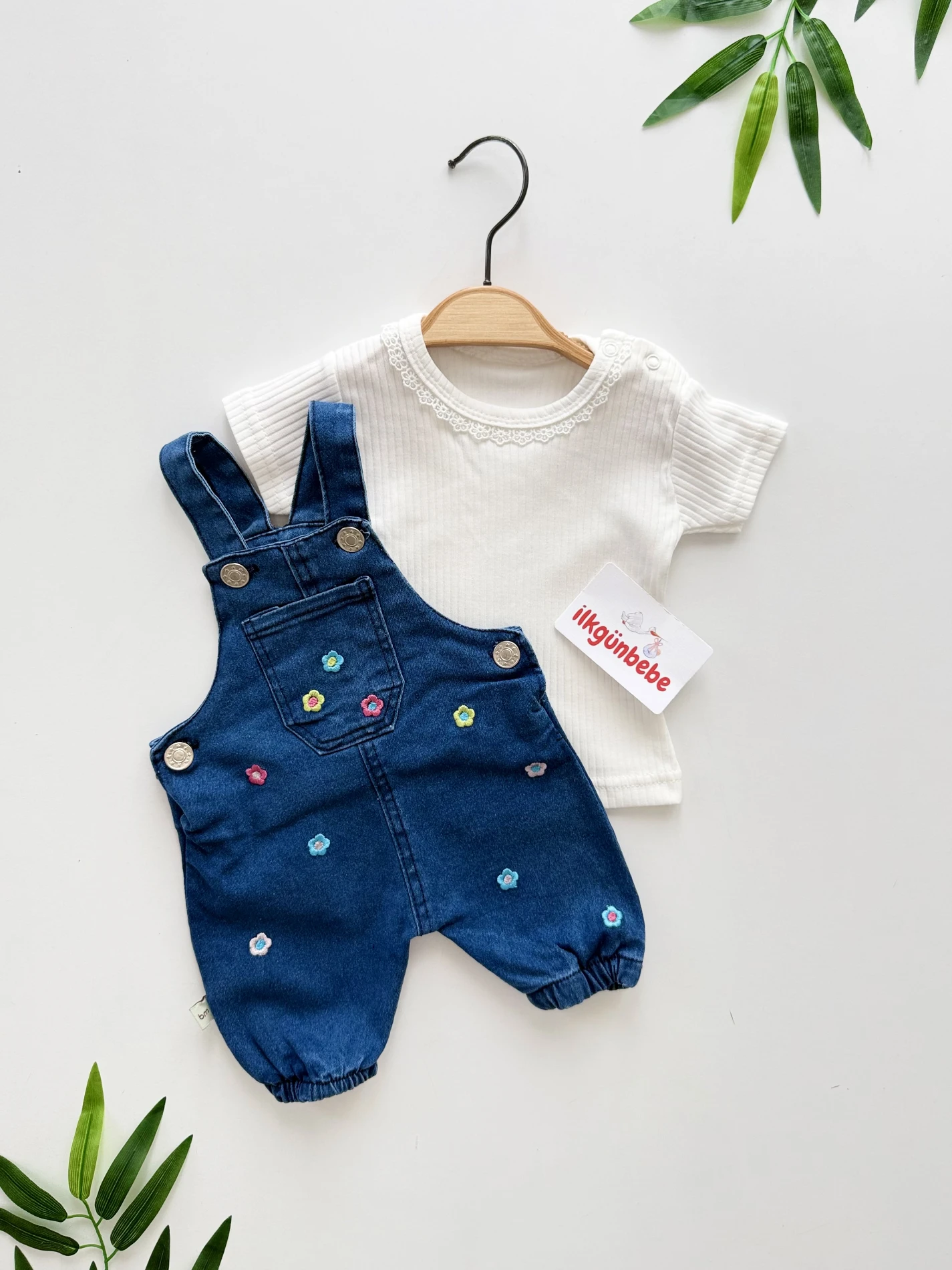 Çiçek Nakışlı Denim Salopet Takım