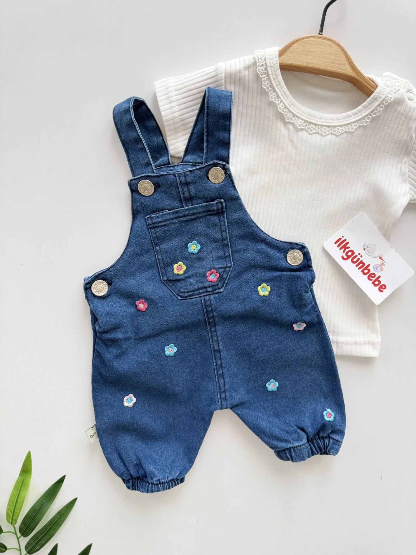 Çiçek Nakışlı Denim Salopet Takım