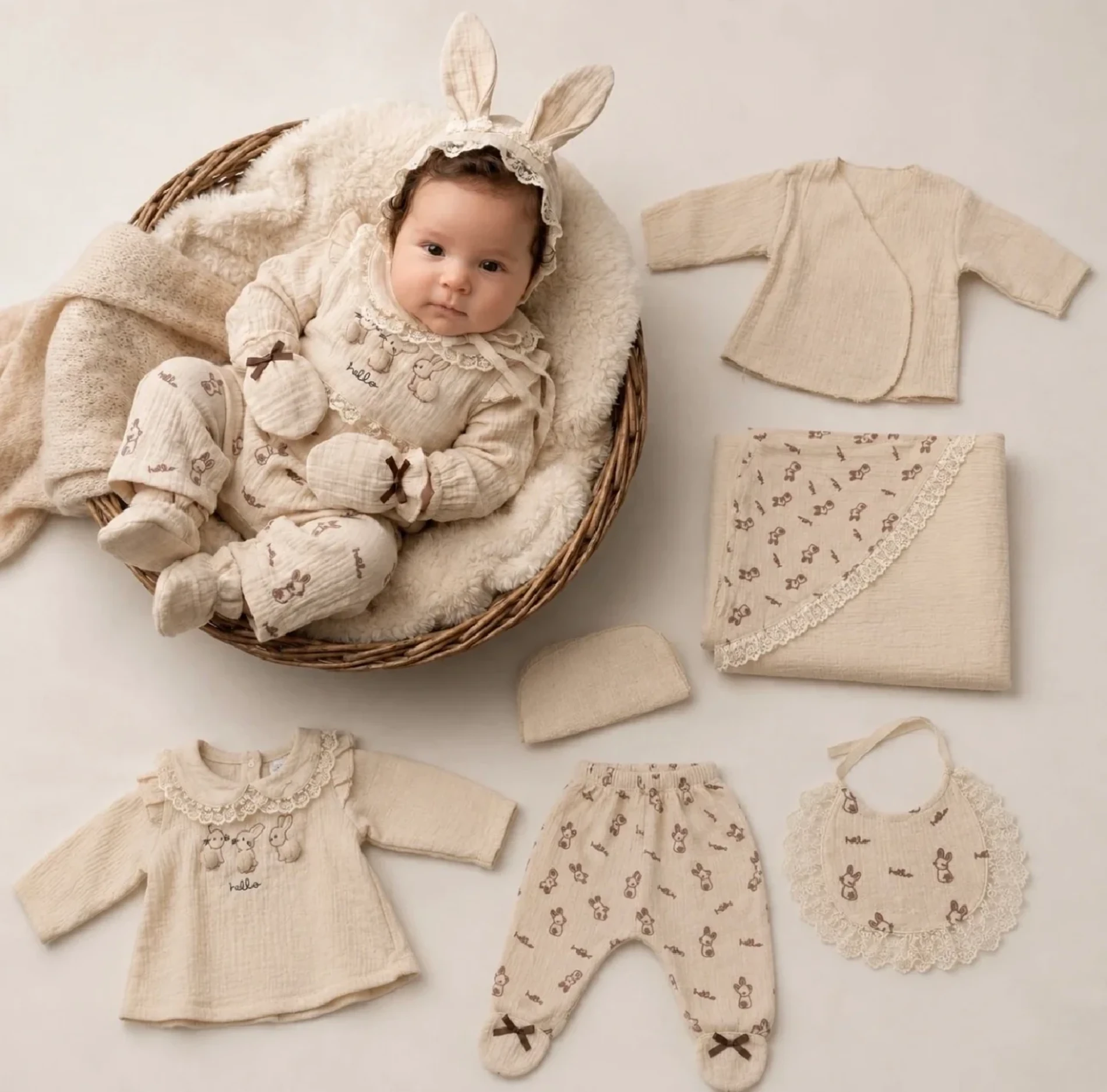 Müslin Kumaş Pamuklu Rabbit  Yenidoğan  10Lu Hastane Çıkış Seti 