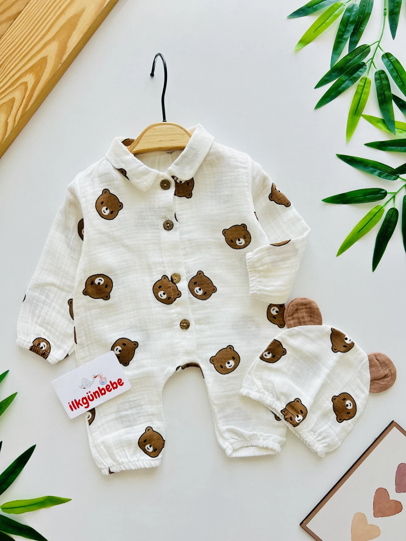 Teddy Pamuklu Müslin Unisex Bebek Ayıcıklı Tulum