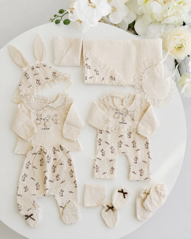 Müslin Kumaş Pamuklu Rabbit  Yenidoğan  10Lu Hastane Çıkış Seti 