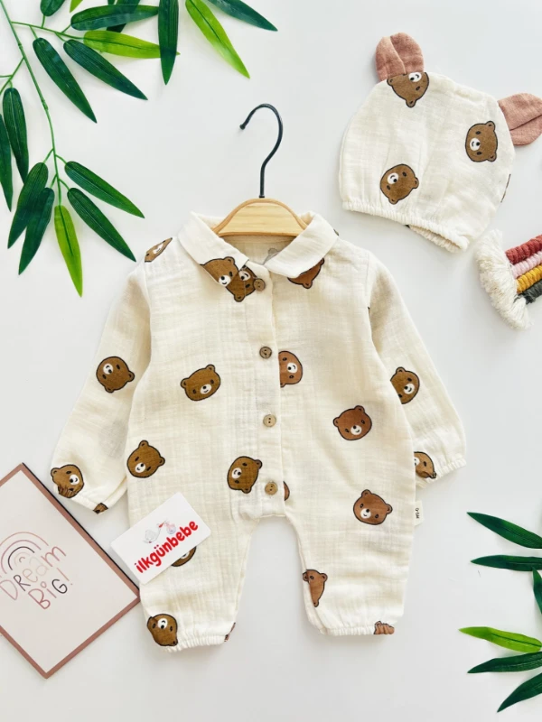 Teddy Pamuklu Müslin Unisex Bebek Ayıcıklı Tulum