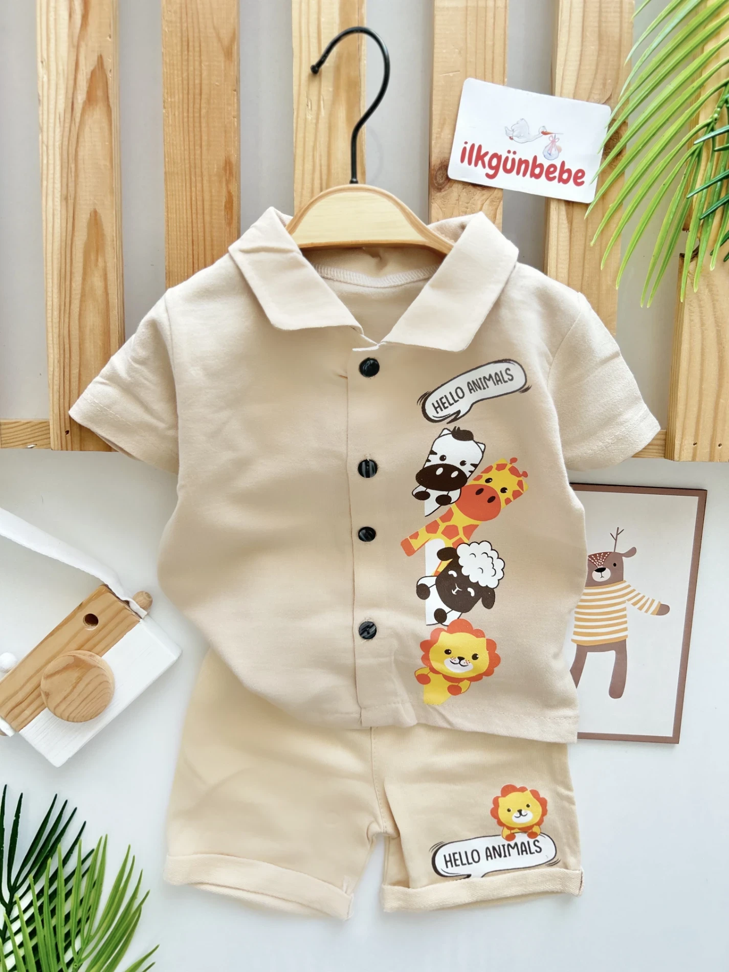 Hello Animals Baskılı %100 Müslin Kumaş 2’li Gömlekli Şort Takım