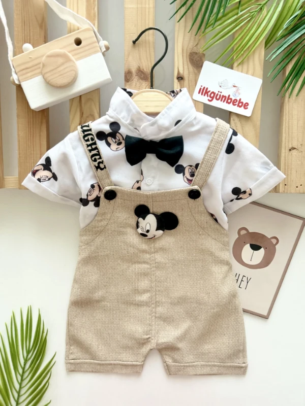 mickey mouse baskılı gömlekli çarpraz askılı şort salopetli 2’li takım 