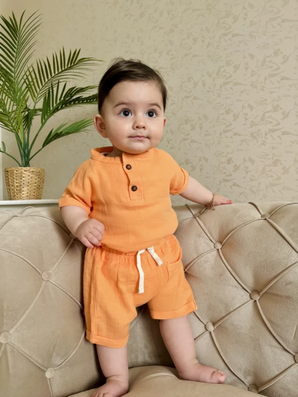 Müslin Kumaş Cepli Şortlu Ahşap Düğmeli 2’li Takım