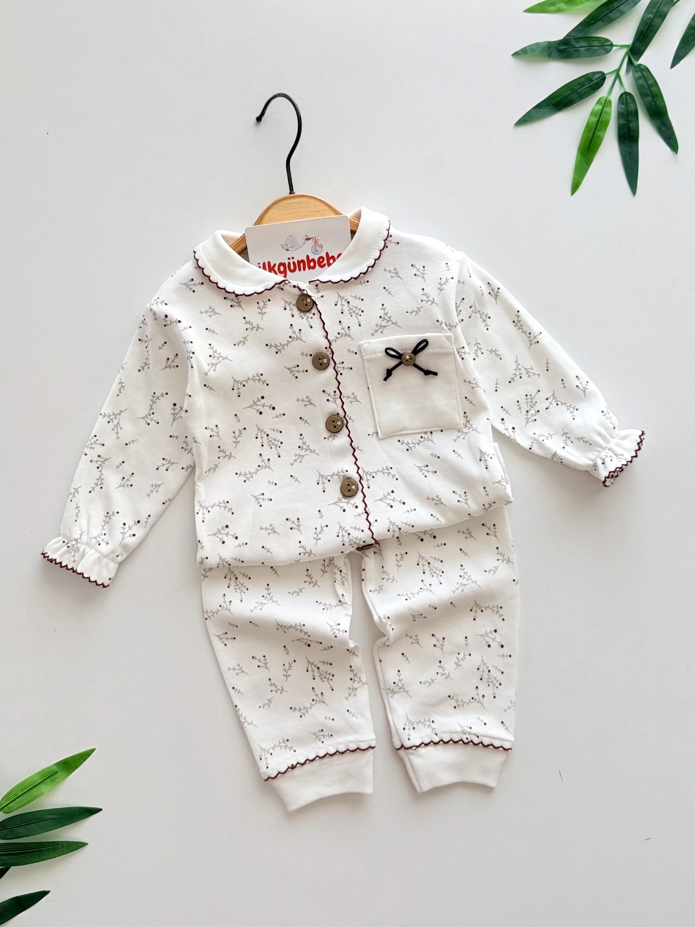 Bebe Yakalı %100 Pamuk  Kumaş 2’li Pijama Takımı