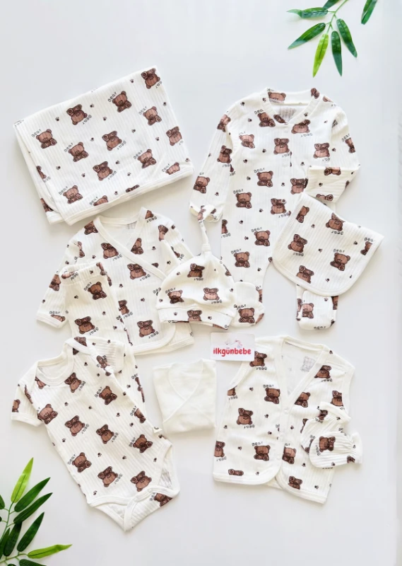 10 Parça %100 Pamuk Teddy Bear   Desenli Yenidoğan Hastane Çıkışı Seti
