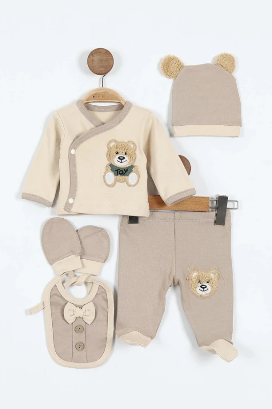 Ayıcık Desenli Ribanalı Esnek Kumaş 5'Li Unisex Hastane Çıkış Seti 