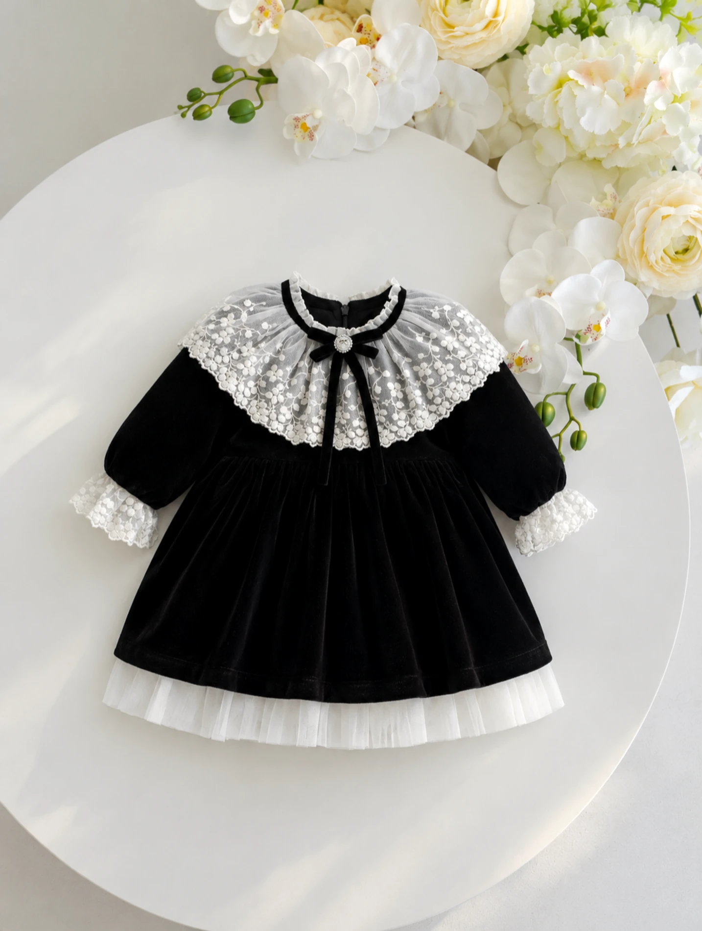 Black Lady Vintage Yaka Detay Kız Bebek Kadife Elbise