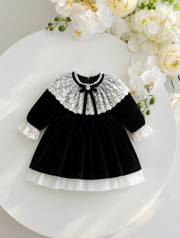 Black Lady Vintage Yaka Detay Kız Bebek Kadife Elbise