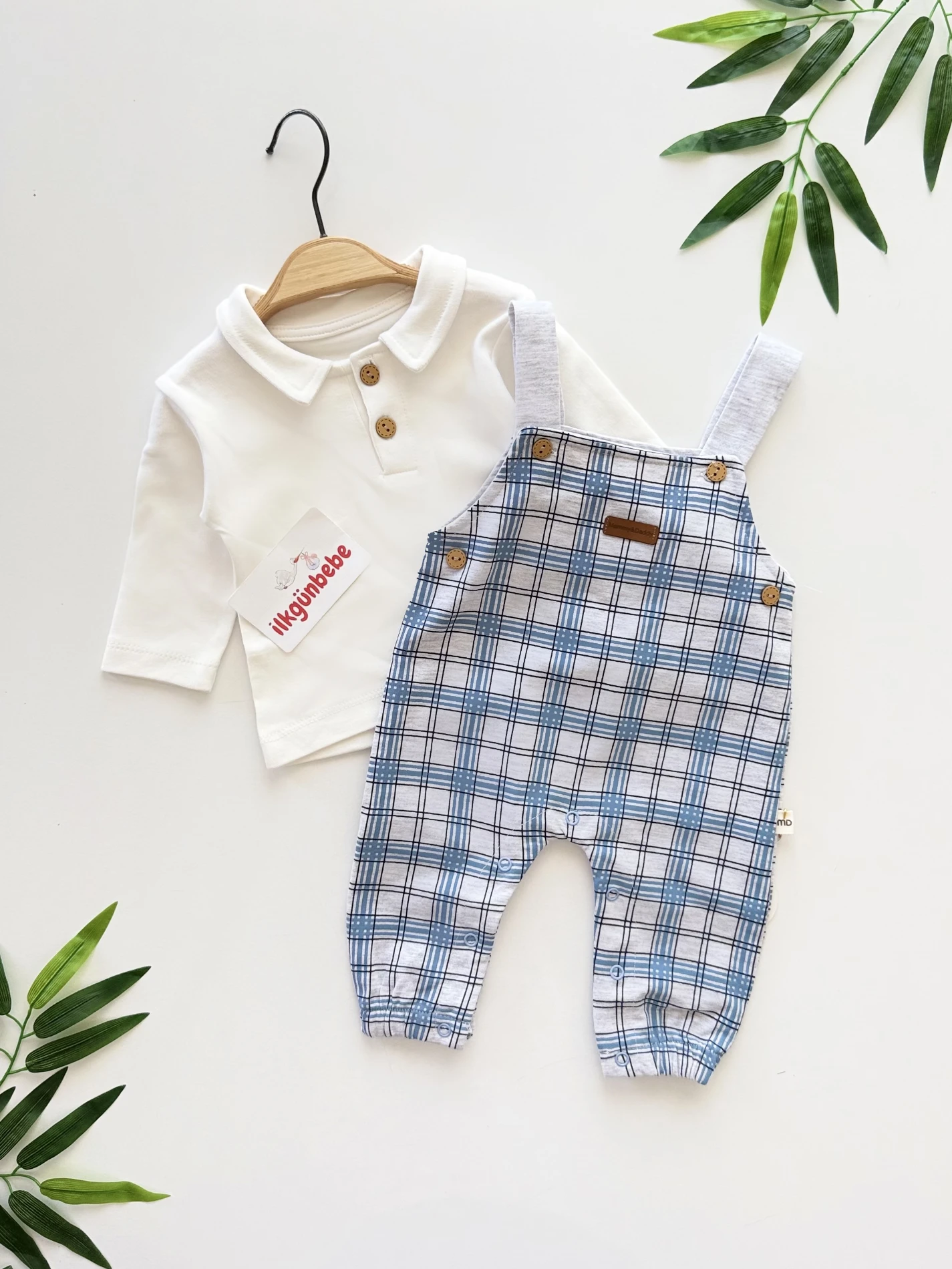 Kareli %100 Pamuk Body Salopet Set